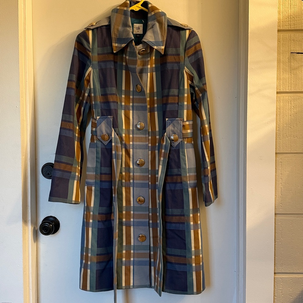 Cabi Women Highclere Trench Coat Size XS blue green plaid - Picture 2 of 6